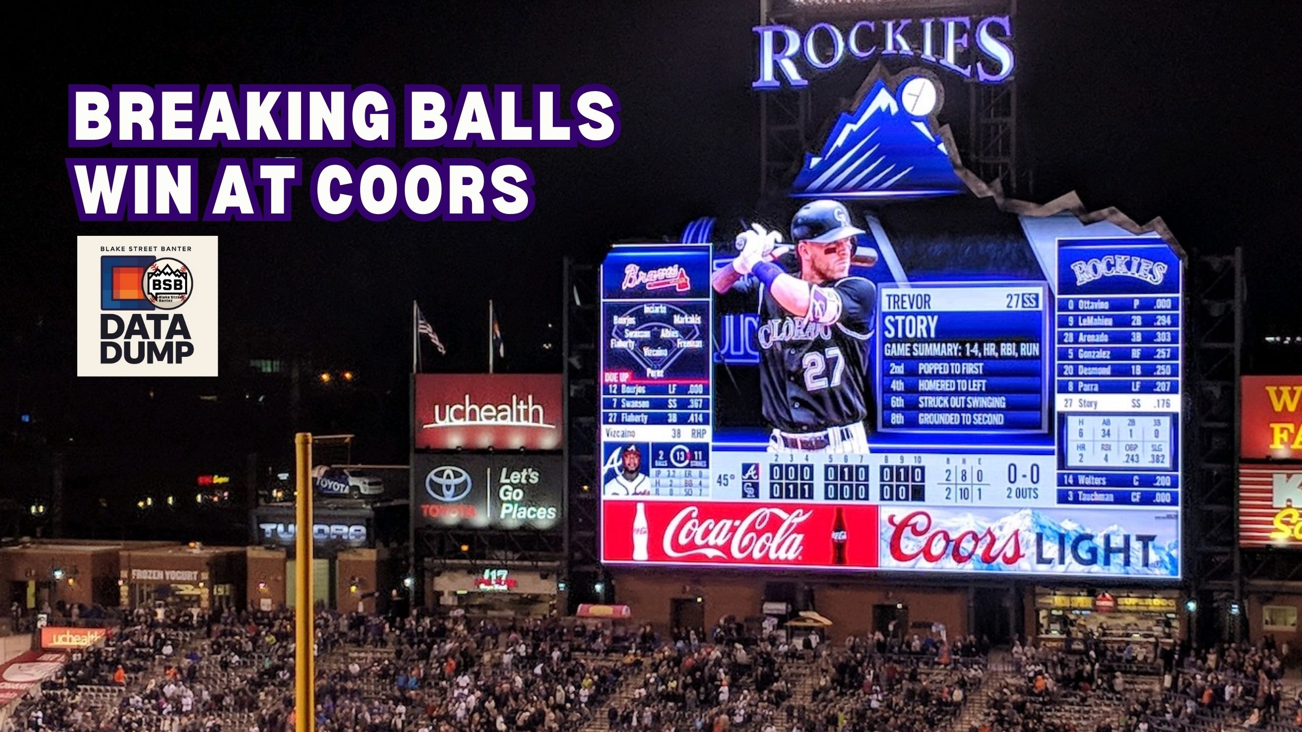 Coors Field with graphic showing breaking ball vs fastball pitch success data